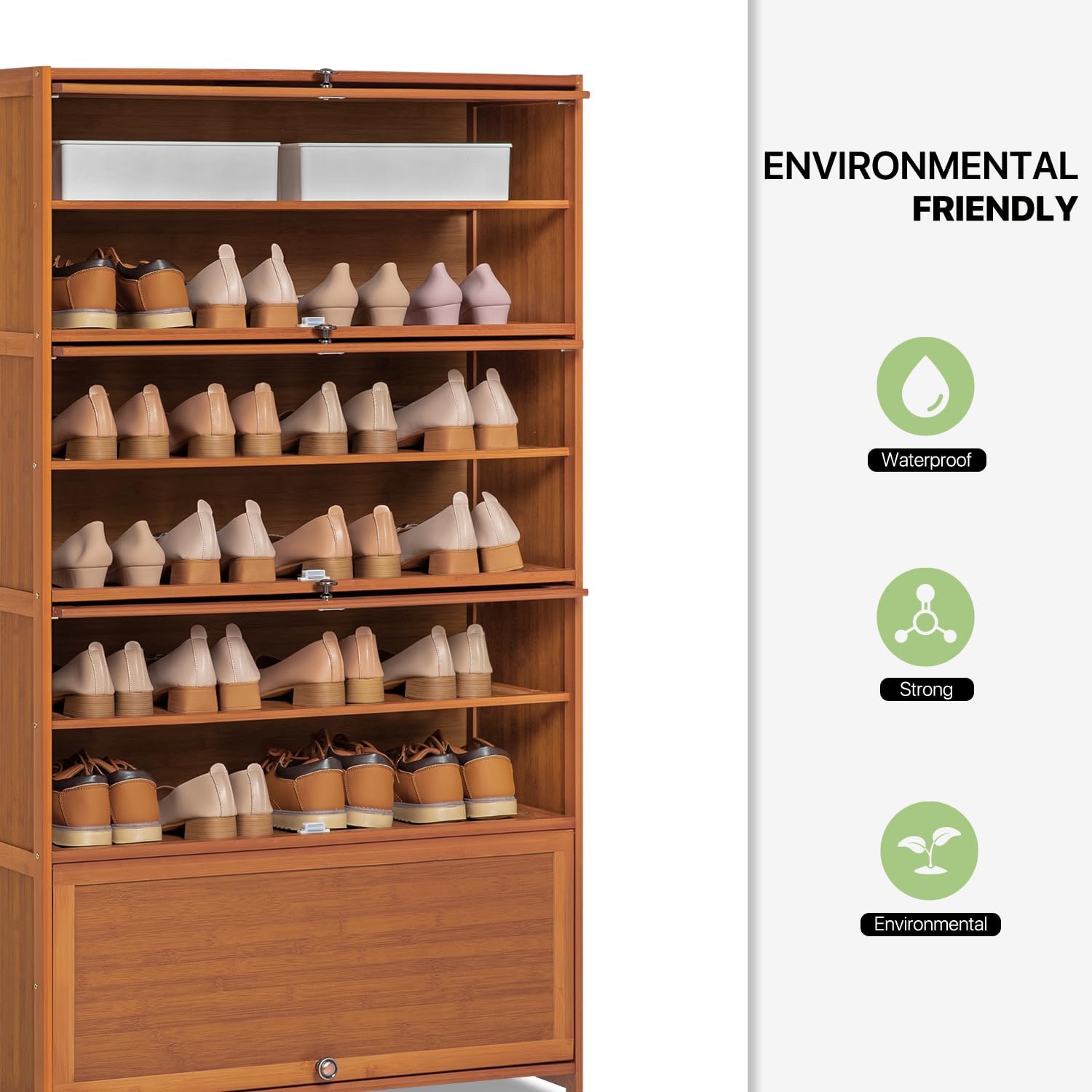 Magshion Bamboo 8 Tier Shoe Storage Cabinet with Flip Doors, Freestanding Shoes Heels Sandals Shelf Rack