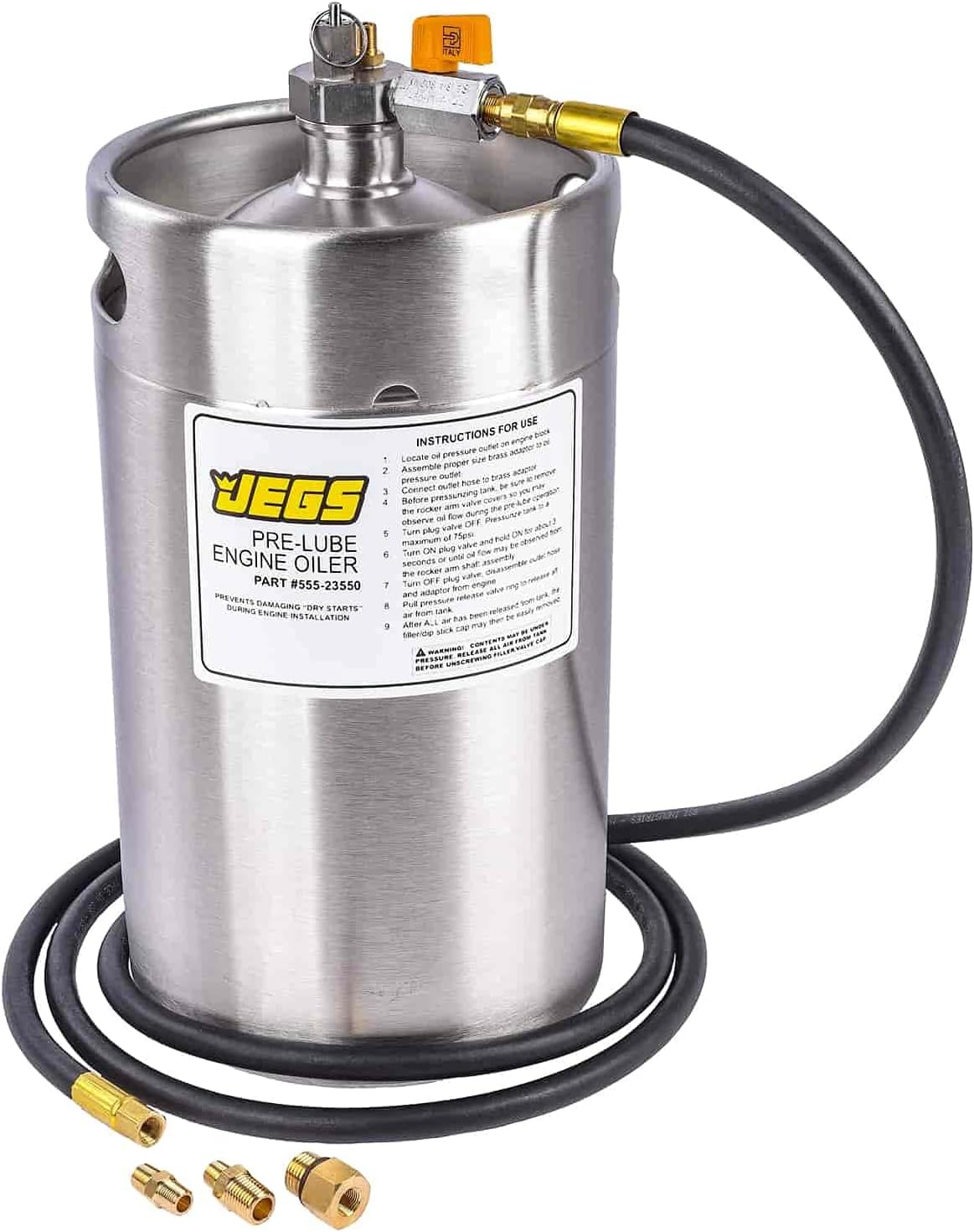 JEGS Pre-Lube Engine Oiler | 2-Gallon Stainless Steel Tank | Made In USA | Large Easy-to-Fill Cap | 75 Lbs Safety Blow-Off Valve | 8 ft. Chemical