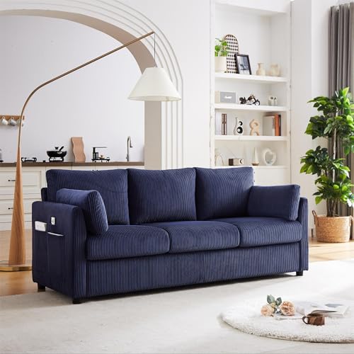 Modern Corduroy Couch 79 Inch Length,3 Seater Sofa w/Square arm and Side Pockets for Living Room, Bedroom, Apartment, Office,Workroom