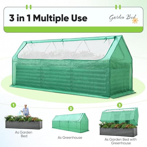 Quictent Raised Garden Bed Galvanized Raised Beds for Gardening Vegetables with Cover 8x4x1 ft Metal Planter Box Outdoor Use (Clear)