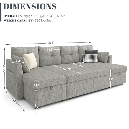Oversized Sleeper Sofa Couch, 110 inch 2 in 1 Pullout Couch Bed with Double Storage Chaise