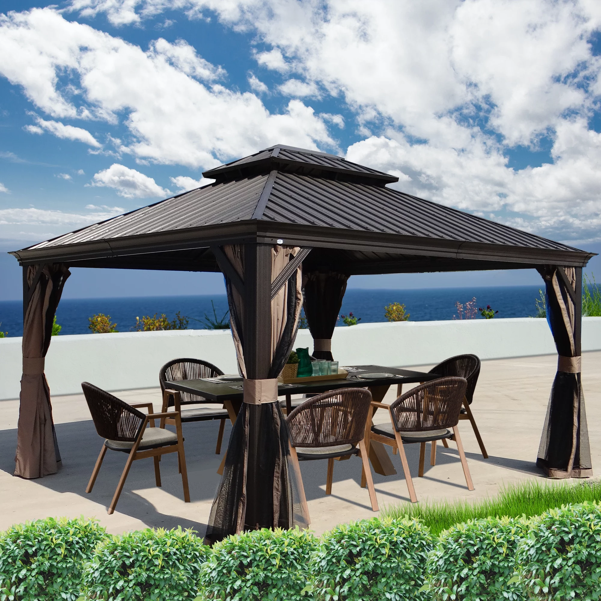 Kozyard Alexander Hardtop Aluminum Permanent Gazebo with a Mosquito Net and Privacy Sidewalls (Alexander 12'x14' Brown)