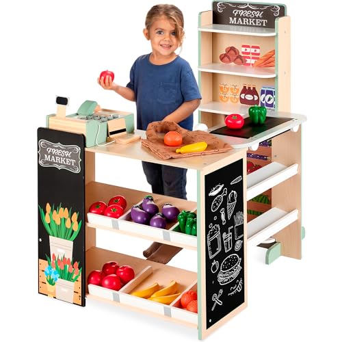 Best Choice Products Pretend Play Grocery Store Wooden Supermarket Toy Set for Kids w/Play Food, Chalkboard, Cash Register, Working Conveyor - Red