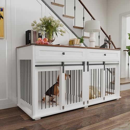 Farmhouse Dog Crate Furniture for 2 Dogs, Room Divider & Sliding Barn Door, Indoor Furniture Style Heavy Duty Dog Cage for Small Medium Dog