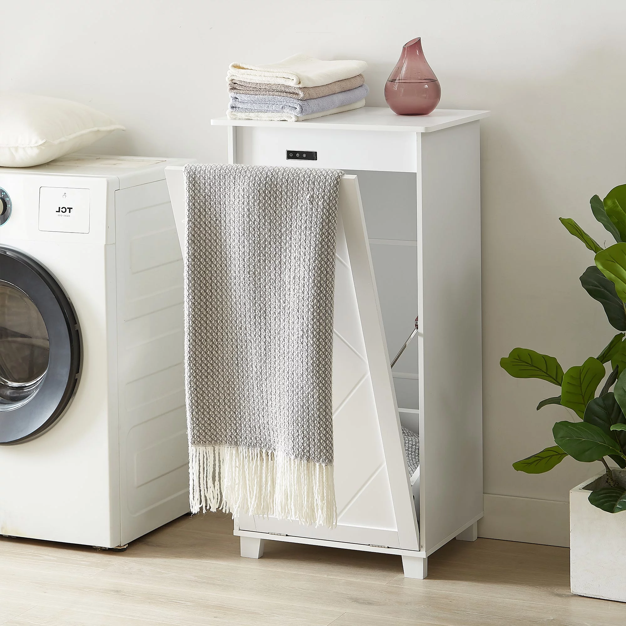 VECELO Kitchen Trash Can Cabinet, Tilt Out Single Door Wooden Recycling Garbage Hamper Cabinet Pet Proof, Freestanding Laundry Sorter Cabinet, White