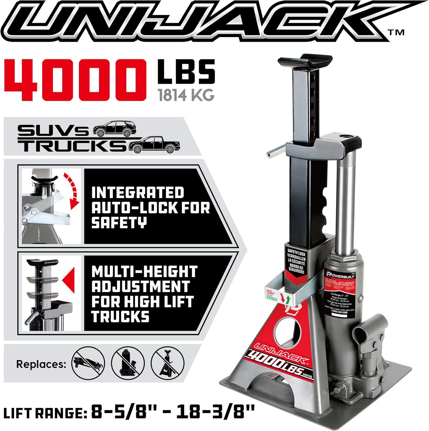 Powerbuilt 2 Ton UniJack Combination Hydraulic Bottle Jack / Jackstand in 1 Unit, Compact, Portable, Wide Base, for Unibody Sedans, CUVs, SUVs, Cars