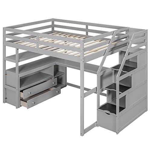 Twin Loft Bed with Staircase, Desk and Wardrobe, Wood Loft Bed with Storage Shelves and Safety Guardrail