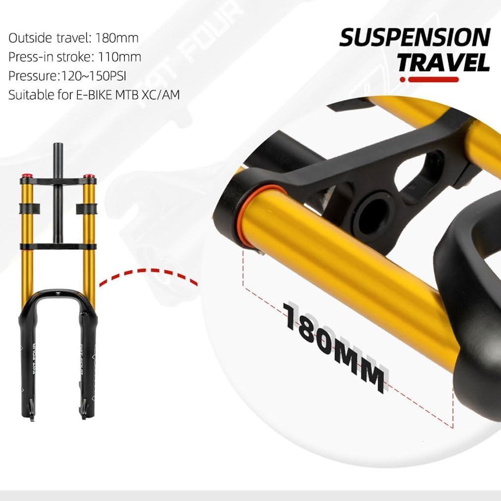 20 Inch Bike Suspension Fork 4.0 Tire Fat Fork Straight Double Shoulder Air Fork Travel 110mm QR 135mm Disc Brake Front Fork Rebound Adjustable