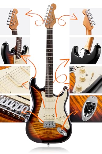 AKLOT Stryde Electric Guitar with Coil-Split: Roasted Maple Neck, Flame Maple Graphic Top, HSS Ceramic Pickups, Beginner Guitar Kit with 10W Amp