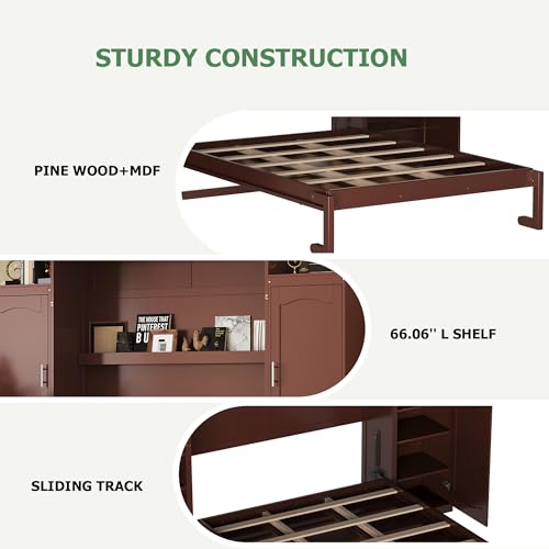 Polib Full Size Murphy Bed with Two Wardrobes and Storage Shelf, Space-Saving Wall Cabinet Bed with Foldable Platform Bedframe for Small Bedrooms