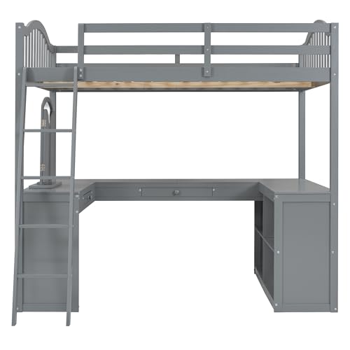 Harper & Bright Designs Full Size Loft Bed with Desk, Storage Shelves and Drawers, Solid Wood Loft Bed Frame with Built-in Wardrobe, Walnut