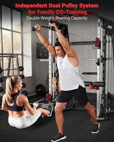 Smith Machine Home Gym All in One, 2200LBS Squat Rack Power Cage with Smith Bar, LAT Pull-Down, Cable Systems, Leg Hold-Down and More Attachments