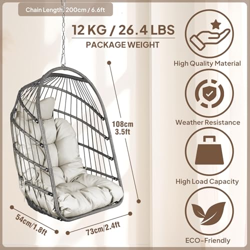 Chihee Egg Chair Foldable Wicker Rattan Hanging Chair Swing Chair Indoor Outdoor Patio Wicker Chair Hammock Chair with Stainless Steel Hanging Kit
