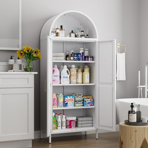 Tall Kitchen Pantry Cabinet, Metal Display Storage Cabinets with 4 Doors/2 Drawers for Kitchen Home Office Living Room, Assembly Required
