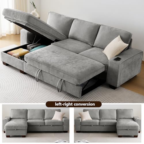 ASHOMELI 99" Convertible Sleeper Sofa Bed,L Shaped with Storage Chaise Pull Out Couch for Living Room,USB and Type-C