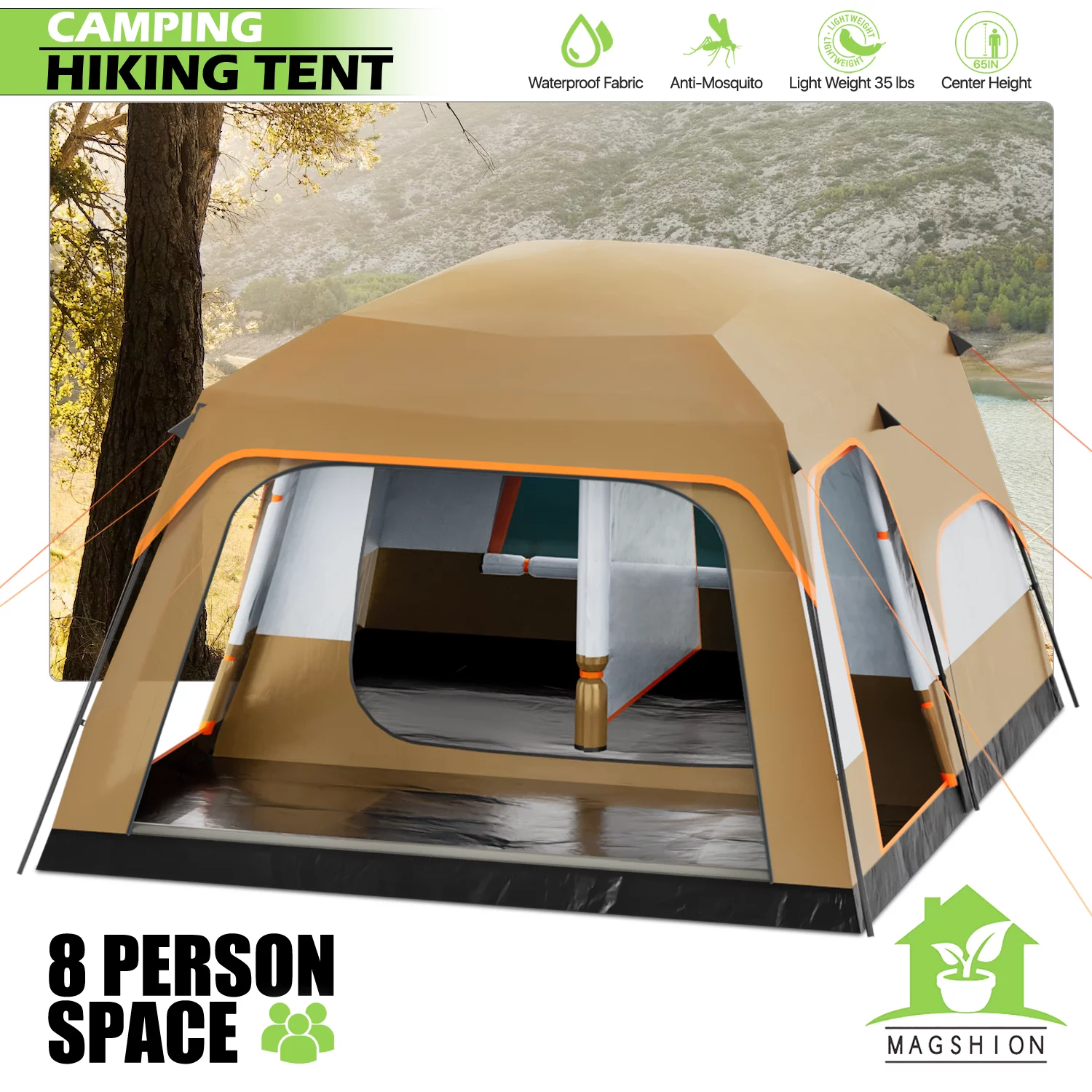 Magshion Extra Large Tent for 5-8 Person, Family Cabin Tent with 2 Rooms and 3 Doors, Waterproof Double Layer Big Tent for Outdoor, Picnic, Camping