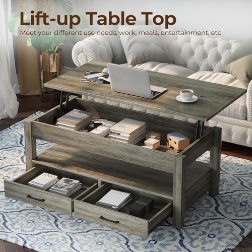 Rolanstar Coffee Table, Lift Top Coffee Table with Drawers and Hidden Compartment, Retro Central Table with Wooden Lift Tabletop, for Living Room