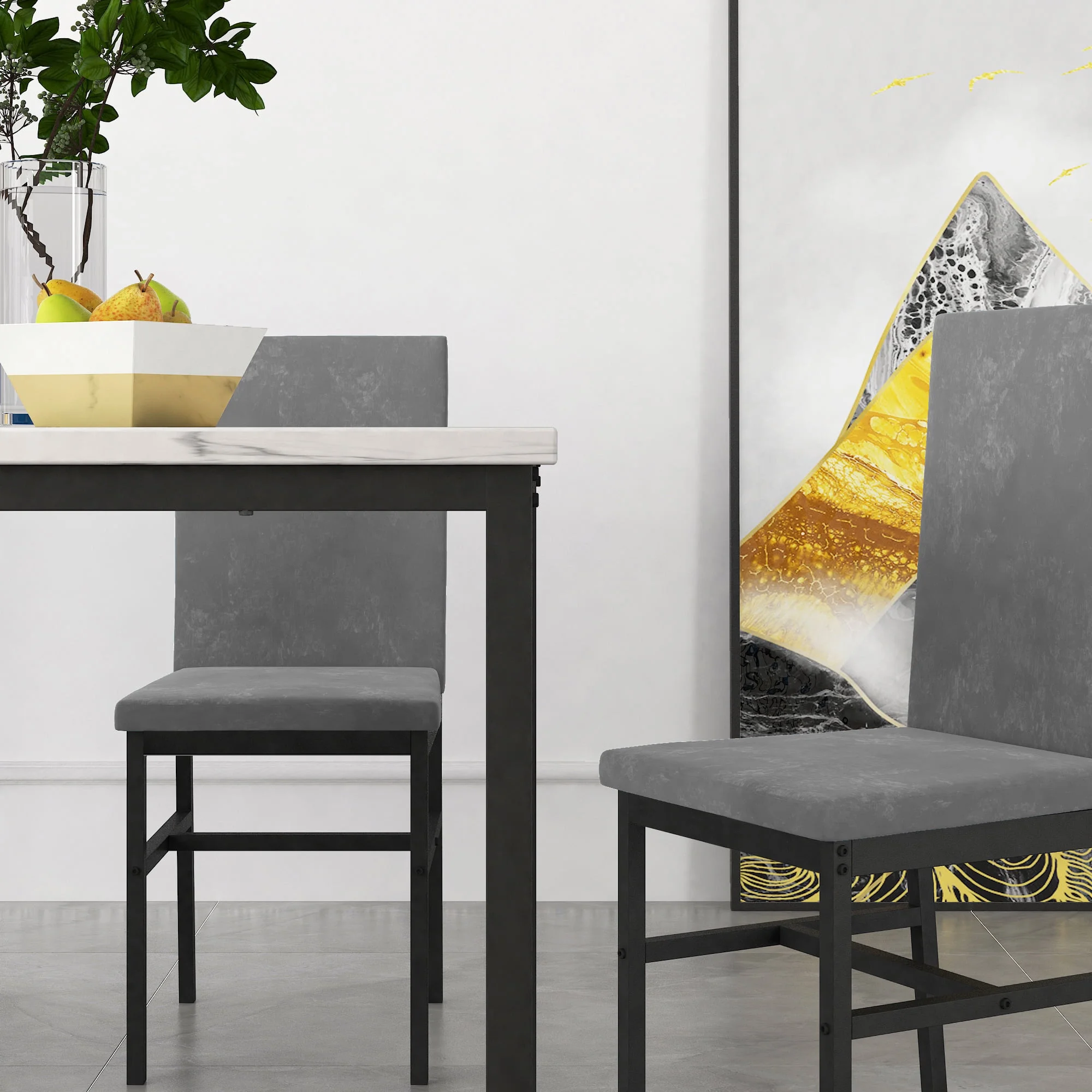 Modern Dining Set for 4, 5-Piece Dining Table and Chairs Set, 1 Table with White Marble Top, 4 Gray Velvet Chairs for Kitchen Dining Room Living Room