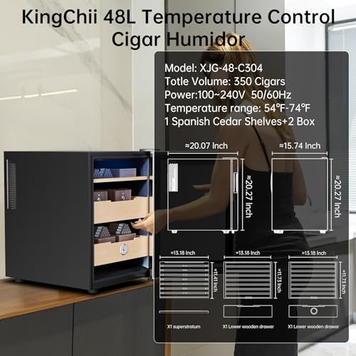 KingChii 16L Electric Cigar Humidors Temperature Control System, Cooling & Heating Humidor Cabinet with Spanish Cedar Wood Shelves & Hygrometer