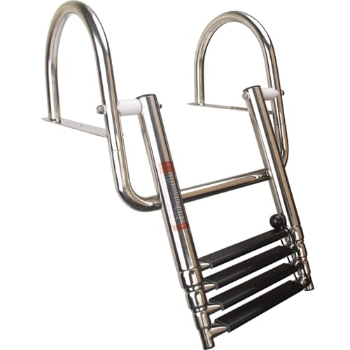 4-Step Heavy-Duty Stainless Steel Pontoon Boat Ladder with Extra Wide Steps & Handrails | Telescoping Folding Rear Entry Ladder, 600lbs Capacity