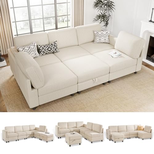 KKL Modular Sectional Sofa Bed with Storage Ottoman, Convertible L/U-Shaped Sleeper Couch for Living Room, Modern Reversible Design, Beige