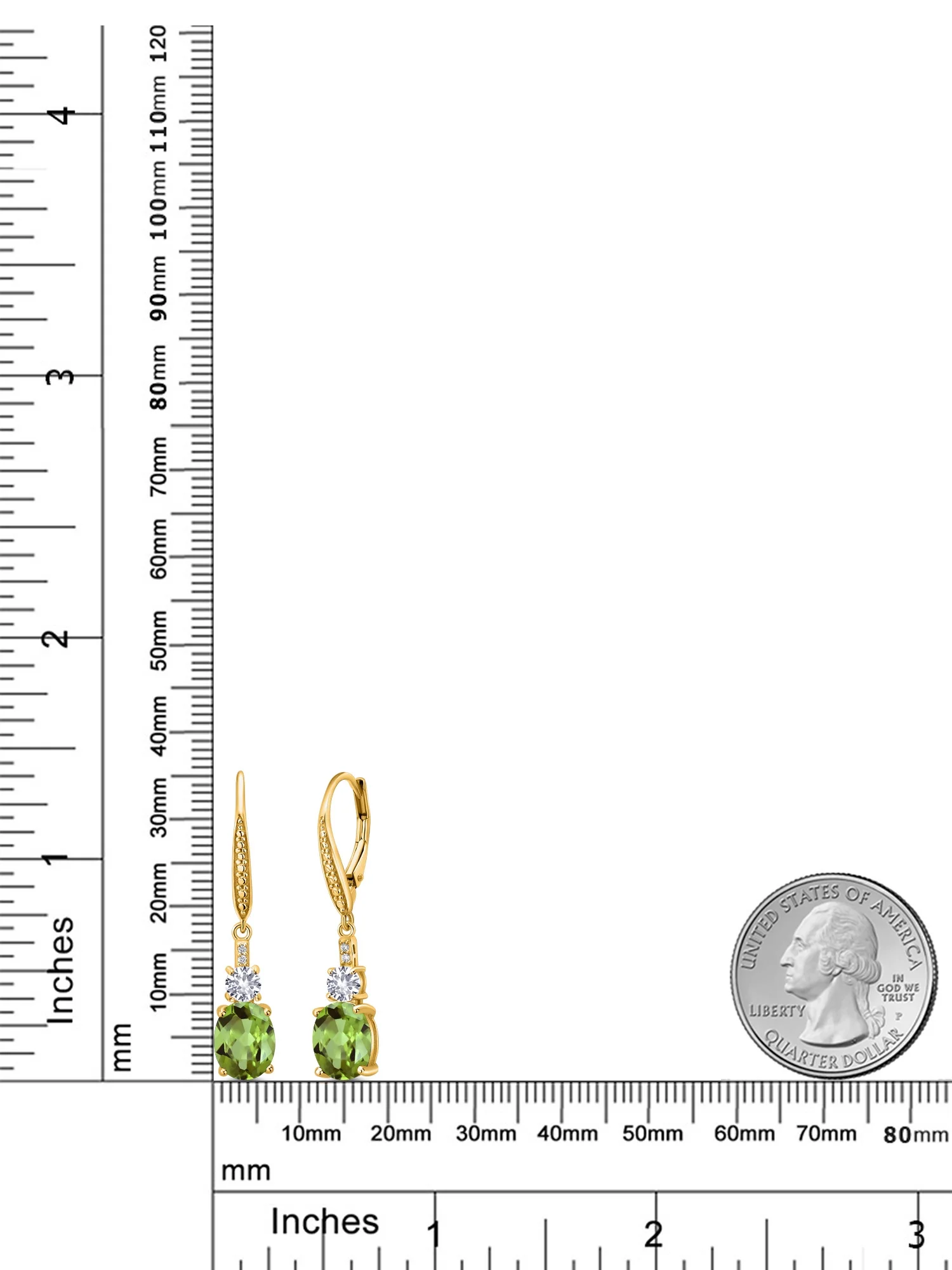 Gem Stone King 18K Yellow Gold Plated Silver Green Peridot and White Created Sapphire Dangle Earrings for Women with Lab Grown Diamond (4.73 Cttw