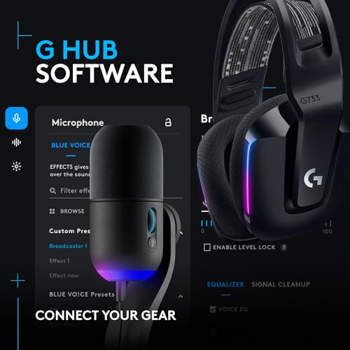 Logitech G733 Lightspeed Wireless Gaming Headset, Suspension Headband, Lightsync RGB, Blue VO!CE Mic, PRO-G Audio – Black, Gaming Headset Wireless