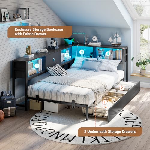 Hasuit Corner Bed Frame with Storage Bookcase, Twin Daybed with Storage Drawers Underneath, Kids Bed Unit with Charging Station and LED Light