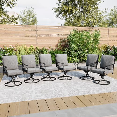 PHI VILLA 7 Pieces Outdoor Dining Set for 6, Rectangular Black Steel Dining Table with Fixed and Swivel Iron Chairs