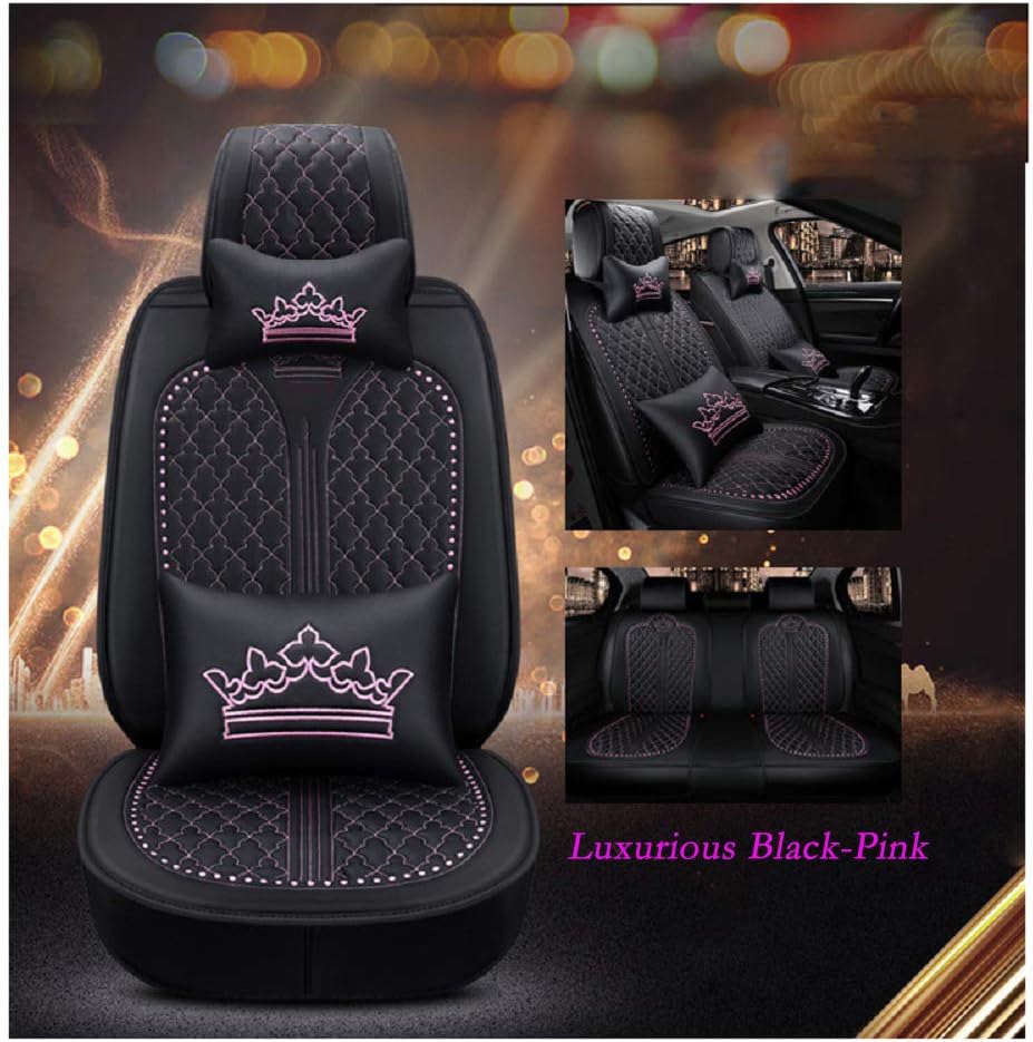 Luxury Auto Car Seat Covers 5 Seats Full Set Universal Fit (Luxurious Black-Pink)