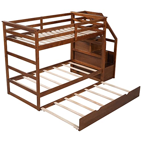 Harper & Bright Designs Twin Over Twin Bunk Bed with Trundle, Wood Bunk Bed with Storage Stairs for Kids Teens Adults (Walnut)