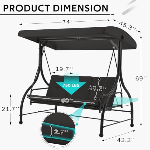U-MAX Porch Swing Chair with Adjustable Backrest&Canopy