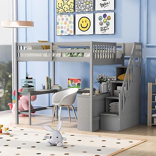 Full Size Loft Bed with Desk & Wardrobe, Solid Wood Kids Loft Bedframe w/3 Storage Drawers & 2 Shelves, Maximum Space Design, for Bedroom, Dorm, Gray