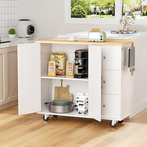 Shintenchi Rolling Kitchen Island Cart with Folding Drop Leaf Breakfast Bar, Portable Trolley Island with Large Storage Cabinet, Shelf and Drawer