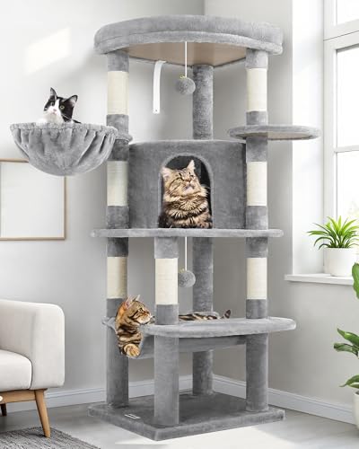 Globlazer Corner Cat Tree for Large Cats, 66inch Tall Curved Series Large Cat Tower for Multiple Indoor Cats with 6 Scratching Posts