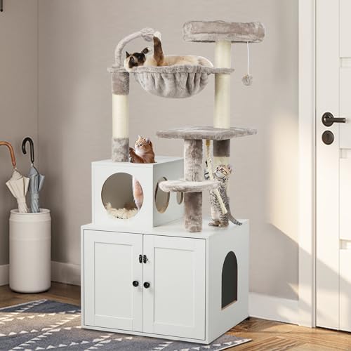 Cat Tree with Litter Box Enclosure, 2-in-1 Cat Tower for Indoor Cats, Large Wood Cat Condo with Basket, Scratching Posts, Pompoms, Rustic Brown