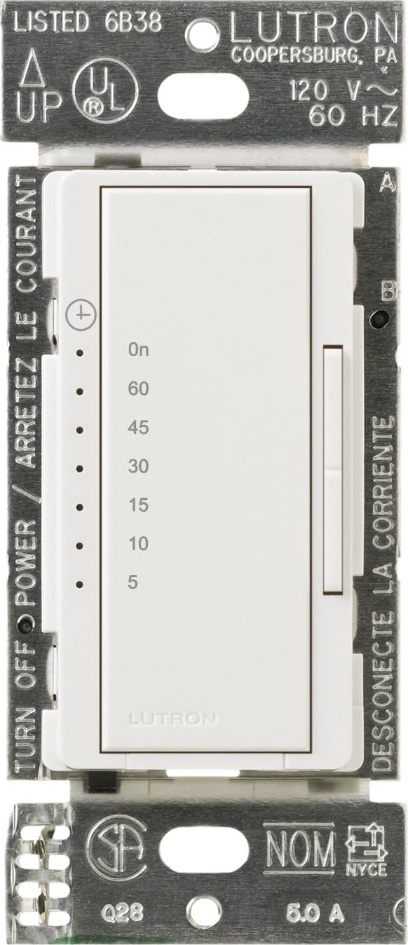 Lutron Maestro Countdown Timer Switch for Halogen and Incandescent Bulbs, 5-Amp Light/3-Amp Fan, Single-Pole or Multi-Location, MA-T51MN-WH, White