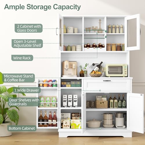 Shintenchi Kitchen Pantry Storage Cabinet, Freestanding Buffet Cabinet with Microwave Stand & 4 Door Shelves, Kitchen Hutch with Doors