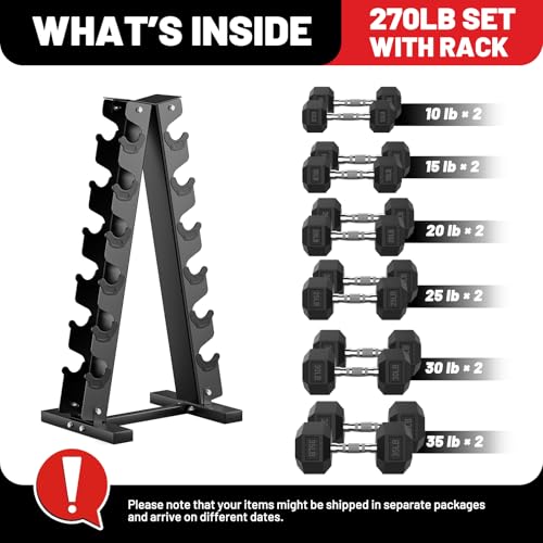 PAPABABE Hex Dumbbell Sets with Rack, 60-550lb Rubber Coated Dumbbell Weight Set and Storage Rack, Multiple Options Hand Weights for Strength Training