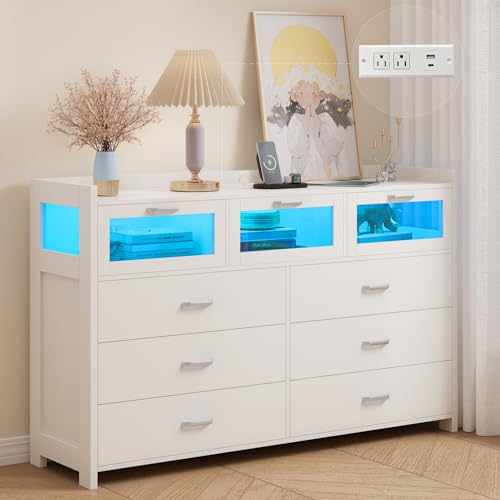 Black Dresser for Bedroom with 9 Drawers, Chests of Drawers with LED Lights and Charging Station, Modern Dresser with 3 Visual Drawers