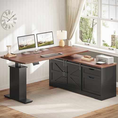 SEDETA Farmhouse L Shaped Standing Desk, 55 inch Height Adjustable Corner Desk with Storage Drawers