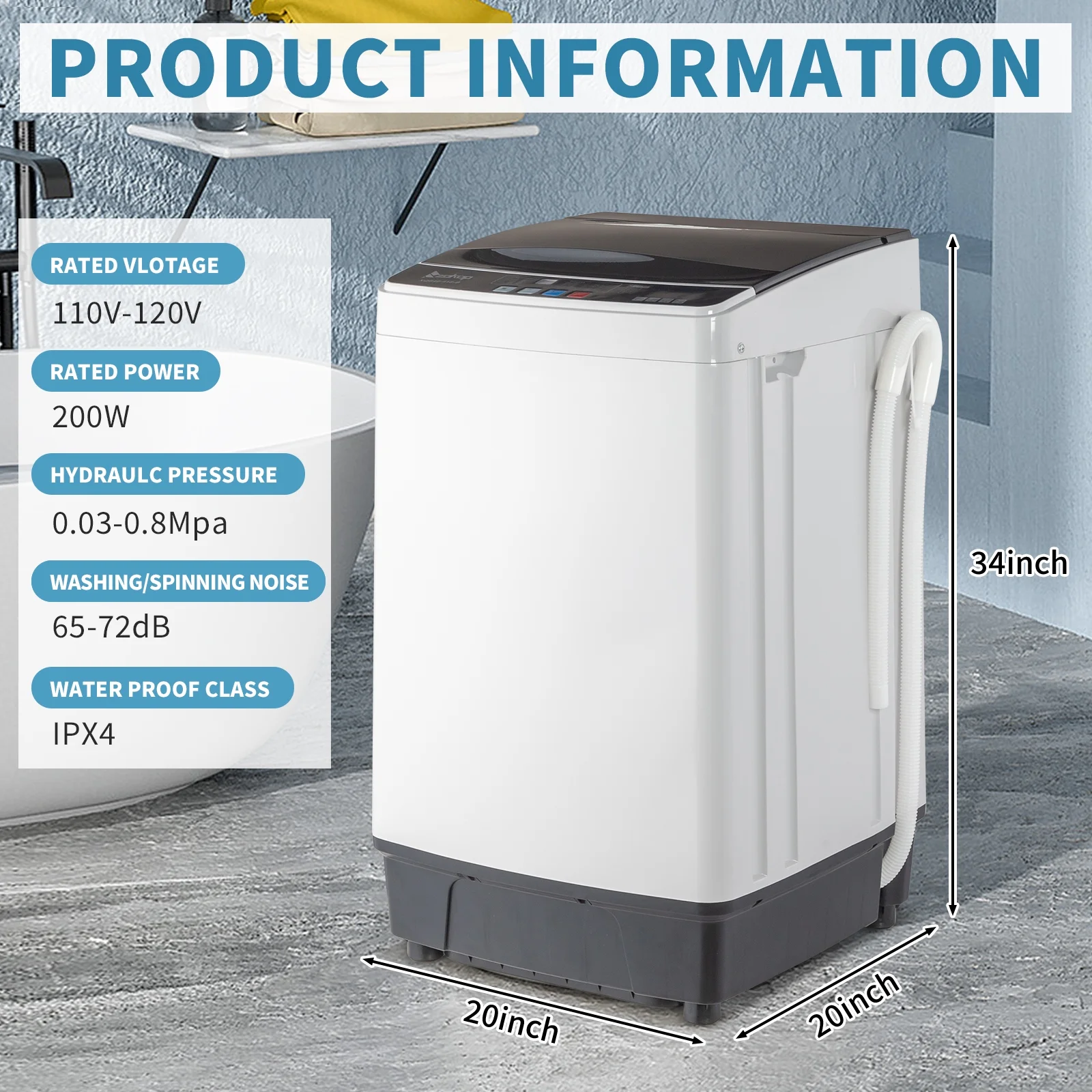 Full-Automatic Washing Machine Top Load Portable Compact Laundry Washer Spin with Drain Pump