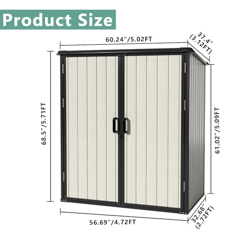 Aoxun Outdoor Storage Shed 5 x 3FT, Resin Shed with Floor and Lockable Door, Plastic Sheds for Garbage Can, Tool, Accessories, Lawn, Garden - Grey
