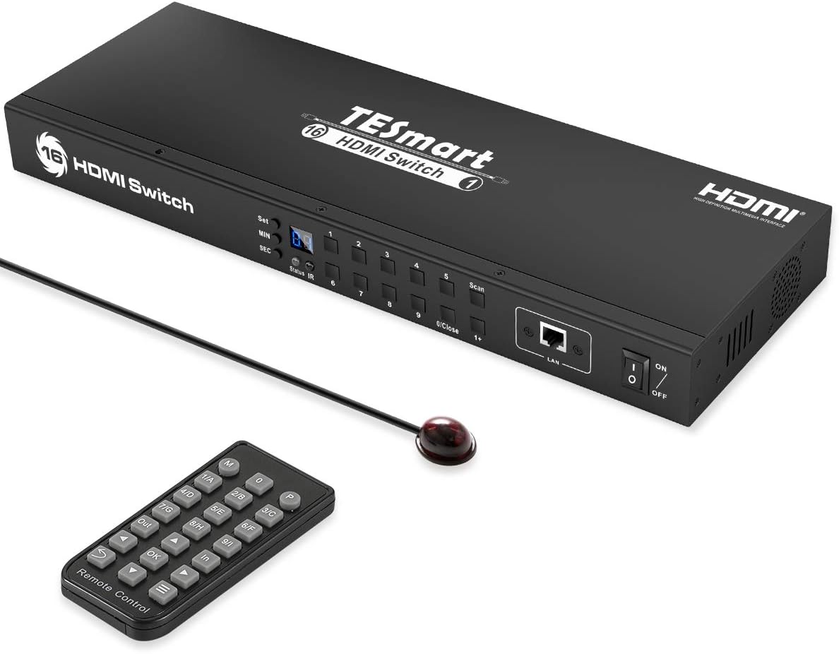 TESmart 16×1 HDMI Switch 16 in 1 Out 4K@30Hz HDCP 1.4 with 19-inch Rack-Ears | RS-232 / LAN Control | IR Remote Control and Auto Switch | Auto Scan