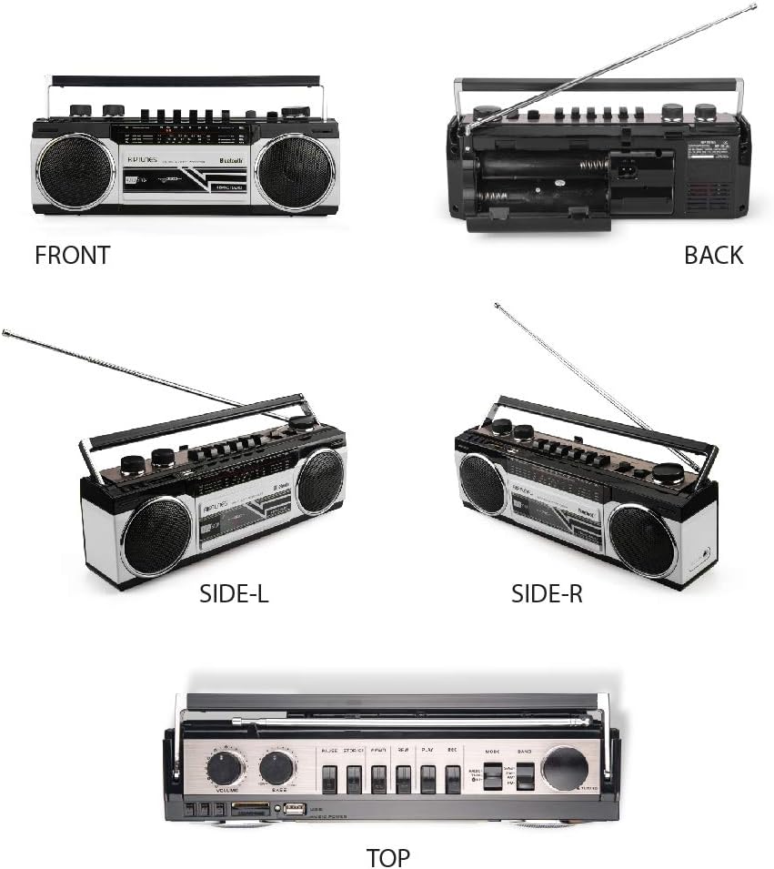 Riptunes Cassette Boombox, Retro Blueooth Boombox, Cassette Player and Recorder, AM/FM/ SW-1-SW2 Radio-4-Band Radio, USB, SD, Silver Pack of 2