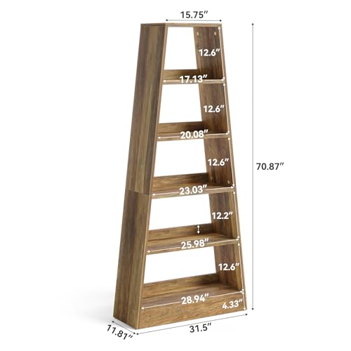 LITTLE TREE 6-Tier Bookshelf, 70.87-Inch Ladder Bookcase, Tall Standing Wooden Bookcase Display Shelf in Warm Umber Wood Finish