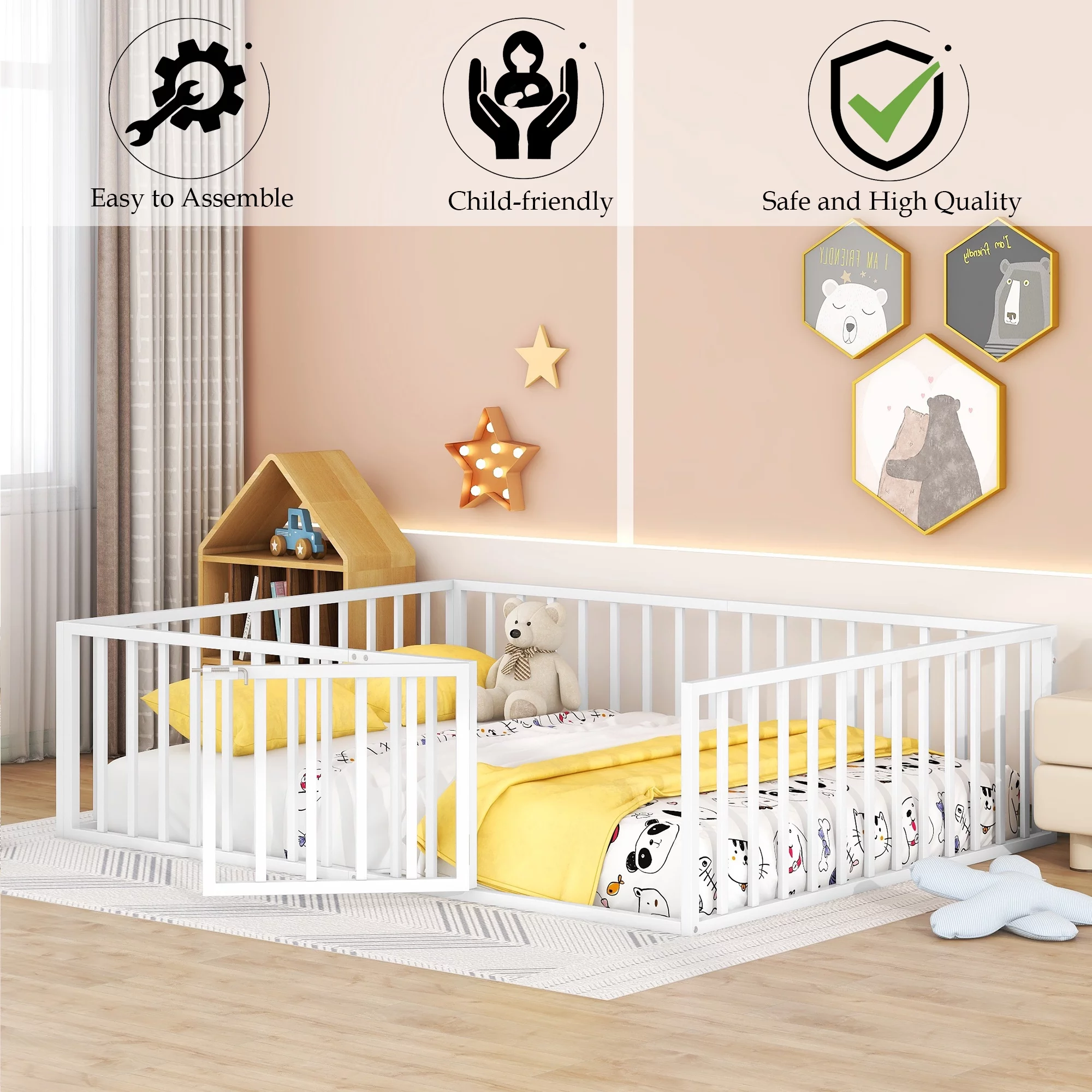 Bellemave Queen Floor Bed with Fence Rails and Lockable Door Queen Metal Floor Bed for Toddler, Child, Boys