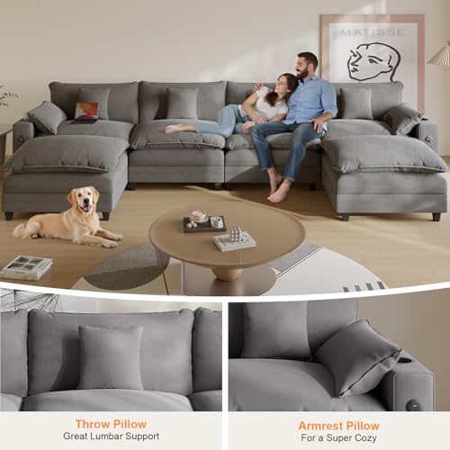 Modular Sectional Sofa, Cloud Couch with Ottoman, Charging Station, Throw Pillows, Cup Holders, Modern Convertible U Shaped Couches for Living Room