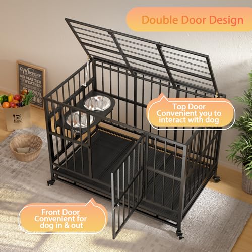LOVMOR 48" Heavy-Duty Dog Crate with Wheels, Air-Lift Top, Dual 360° Adjustable Bowls – Ideal for Large Dogs