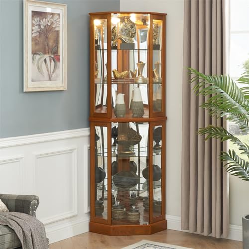 SSLine Lighted Corner Display Curio Cabinet Traditional 6-Shelf Wooden Display Cabinet with Adjustable Shelves 72" Tall Glass Shelving Unit for Curio